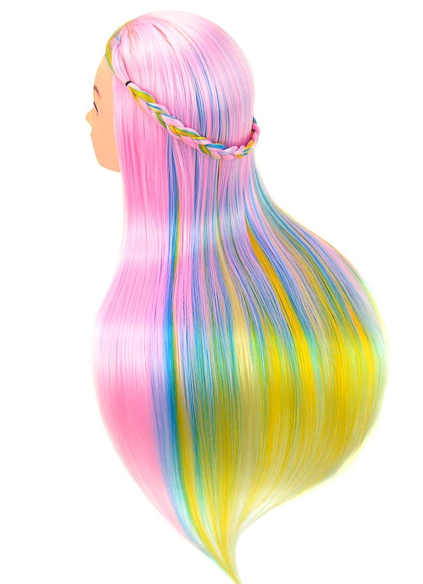 24 Cosmetology Mannequin Head 100% Synthetic Hair Rainbow Color, Practice Training Hair Styling Mannequin Head