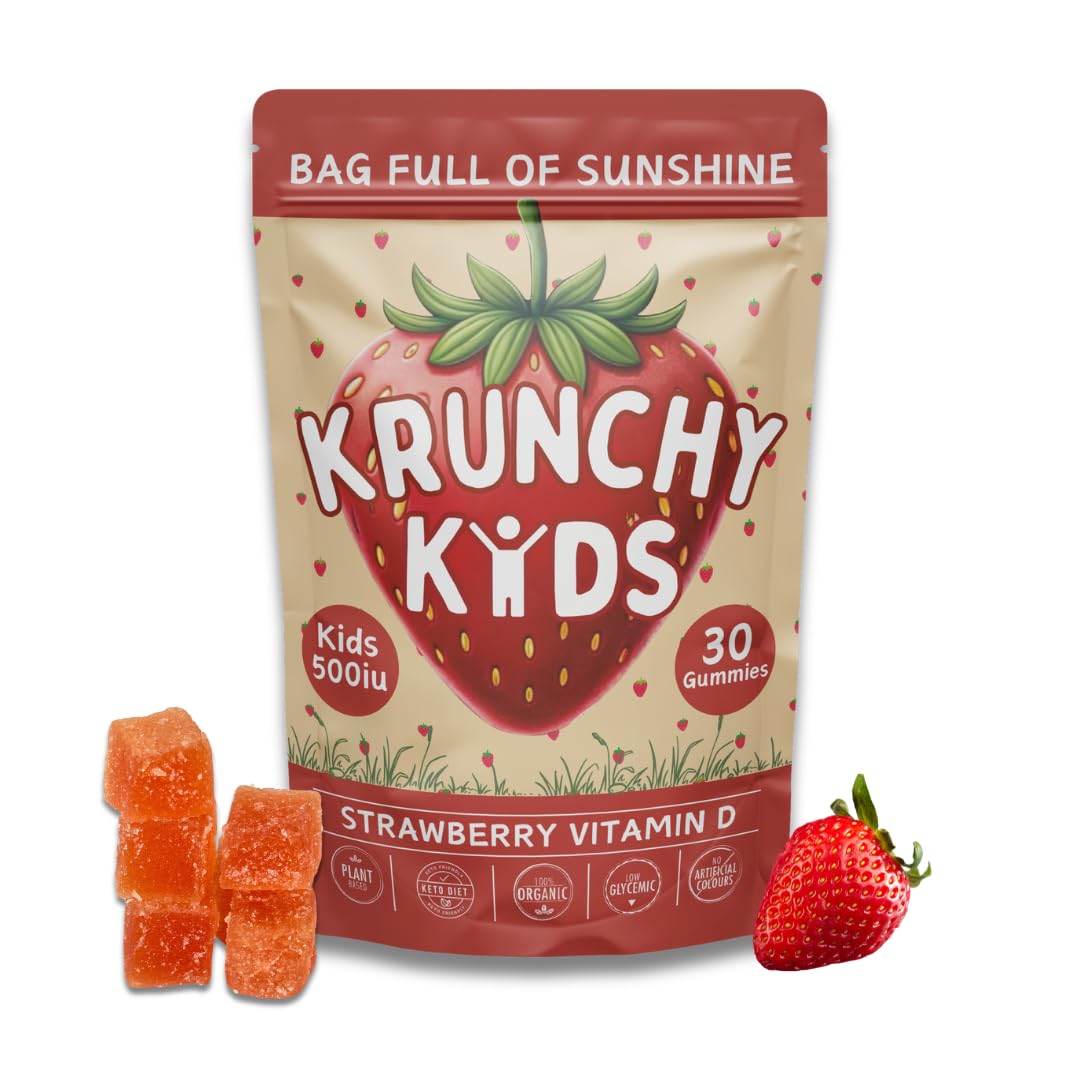 Krunchy Kids 500IU Vitamin D3 Gummies - Organic, Plant-Based, Sugar-Free | Real Strawberry, Allulose, MCT-Oil, Agave | Supports Bones, Immunity, Mood & Sleep