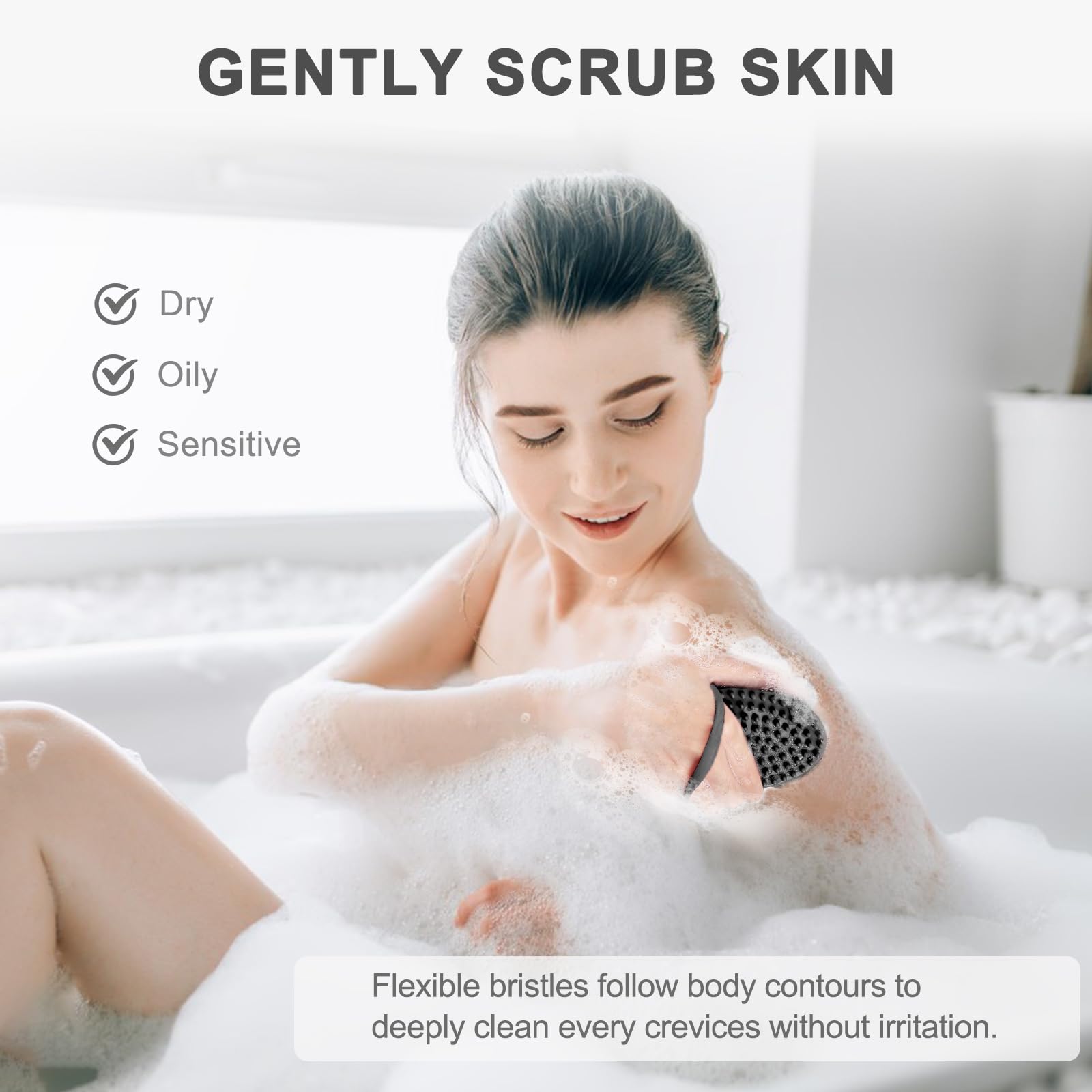 FREATECH Silicone Body Scrubber with Loop Handle, Gentle Exfoliating Body Cleansing Brush for Use in The Shower or Bath, More Hygienic Than Loofah, Easy to Clean, Long-Lasting, Black