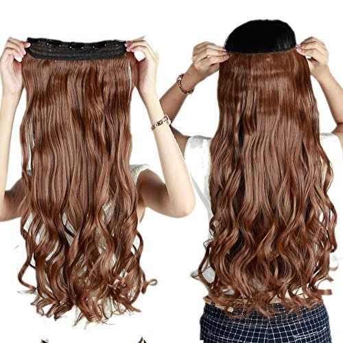 Clip in / on Hair Extension 5 Clips One Piece Full Head Hairpiece Synthetic Heat-Resistant Hair For Party/Halloween For Women Girls Teen (27curly,light brown)