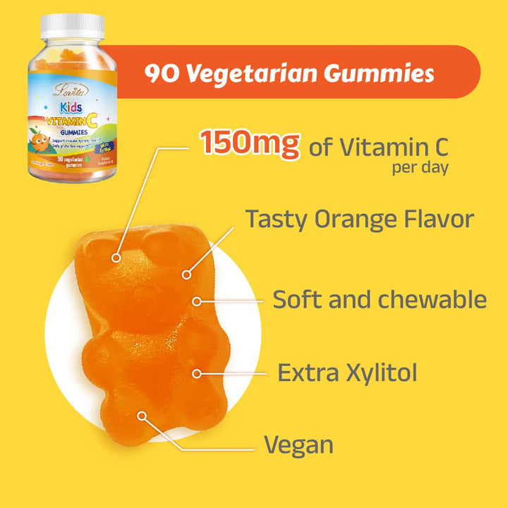 Lovita Vegan Vitamin C Gummies for Kids, Great Tasting Plant-Based Formula, Immune Function Support with Vitamin C 150mg per Daily Servings & Xylitol, Natural Orange Flavored, 90 Gummies