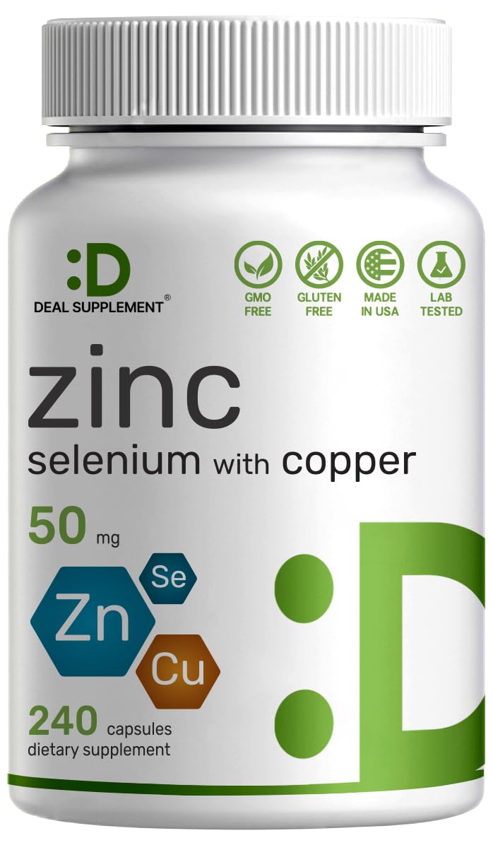 Deal Supplement Zinc 50mg with Selenium + Copper, 240 Capsules, 8 Month Supply, 3 in 1 Mineral Formula, Zinc Picolinate Complex Supplement, Supports Healthy Immune System for Adults and Kids