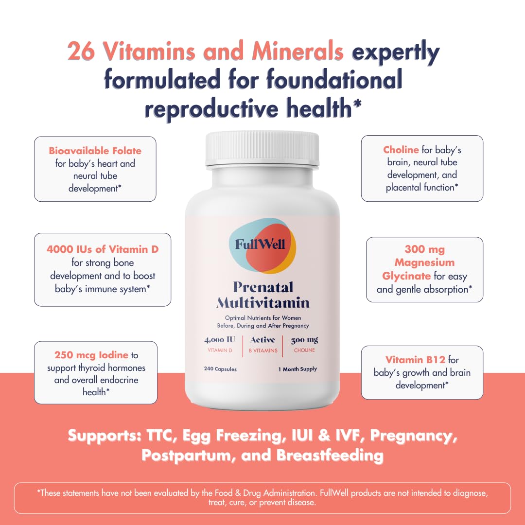 FullWell Prenatal Vitamin + DHA | Omega 3 Fish Oil with DHA & EPA for Brain Development & Nervous System Support | 26+ Vital Nutrients | Dietitian-formulated, Non-GMO, 3rd Party Tested, 30 Servings