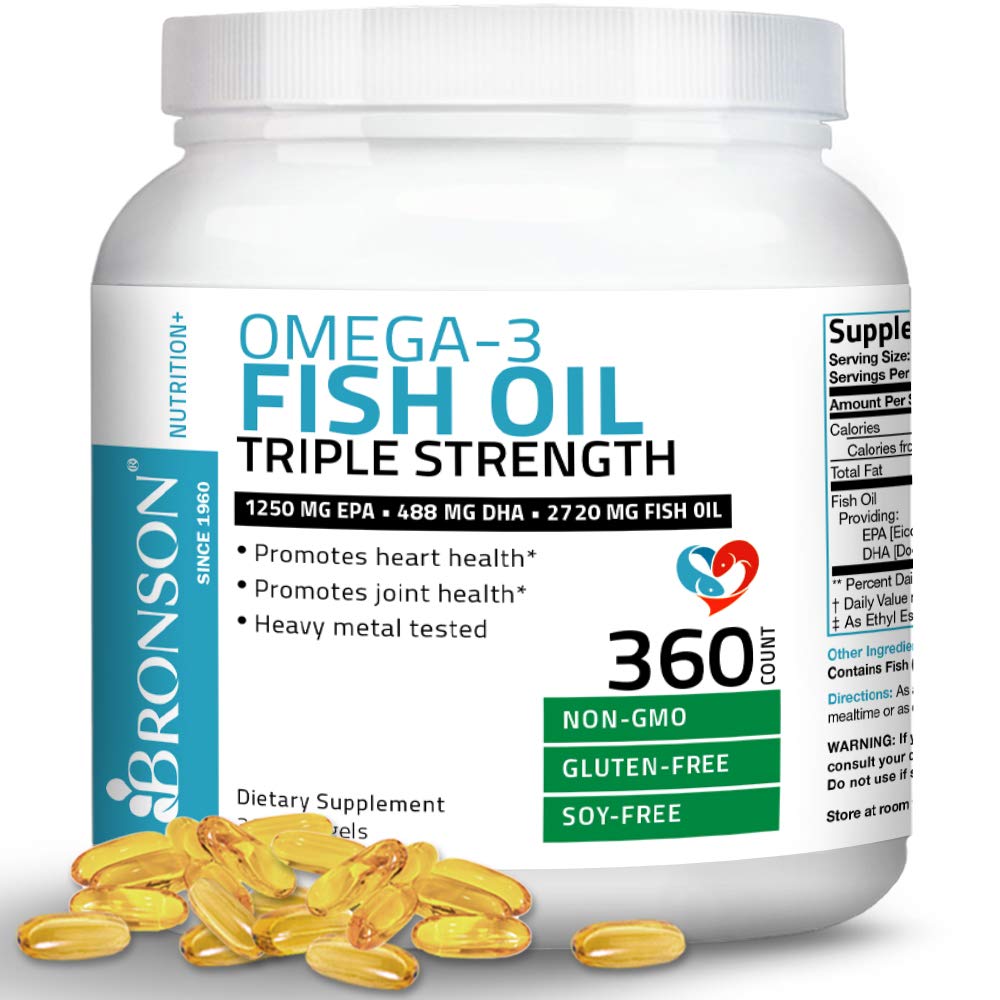 Bronson Omega 3 Fish Oil Triple Strength 2720 mg, High EPA 1250 mg DHA 488 mg, Non-GMO Heavy Metal Tested, 360 Softgels