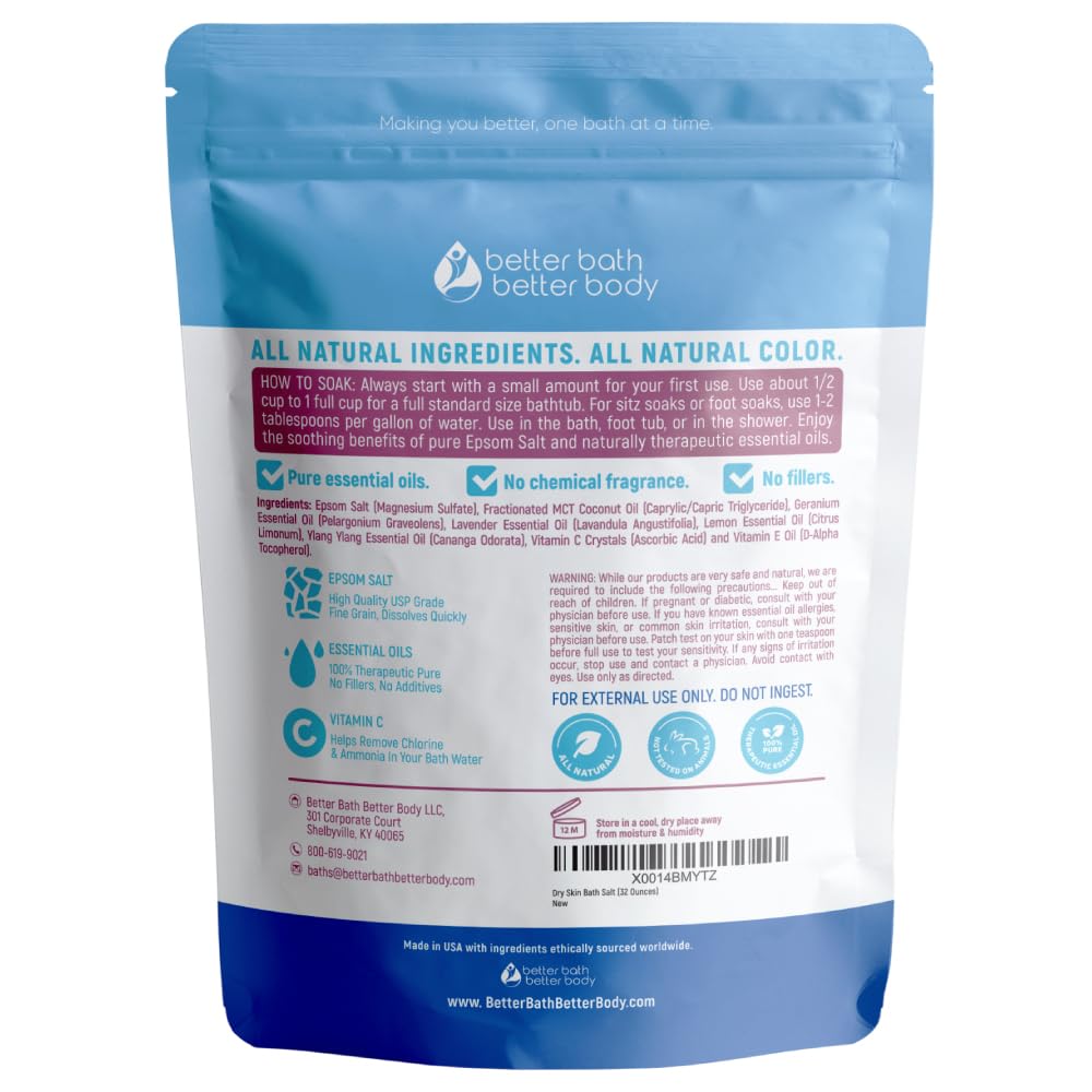 Dry Skin Bath Salt 32 Ounces (2 Lbs) Epsom Salt with Natural Geranium and Lavender Essential Oils Plus Vitamin C in BPA Free Pouch with Easy Press Lock Seal Made in USA