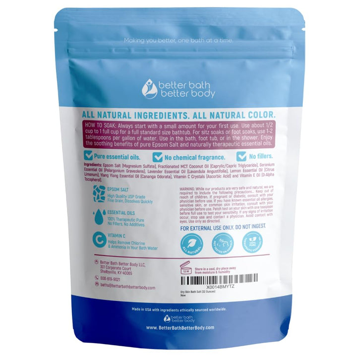Dry Skin Bath Salt 32 Ounces (2 Lbs) Epsom Salt with Natural Geranium and Lavender Essential Oils Plus Vitamin C in BPA Free Pouch with Easy Press Lock Seal Made in USA