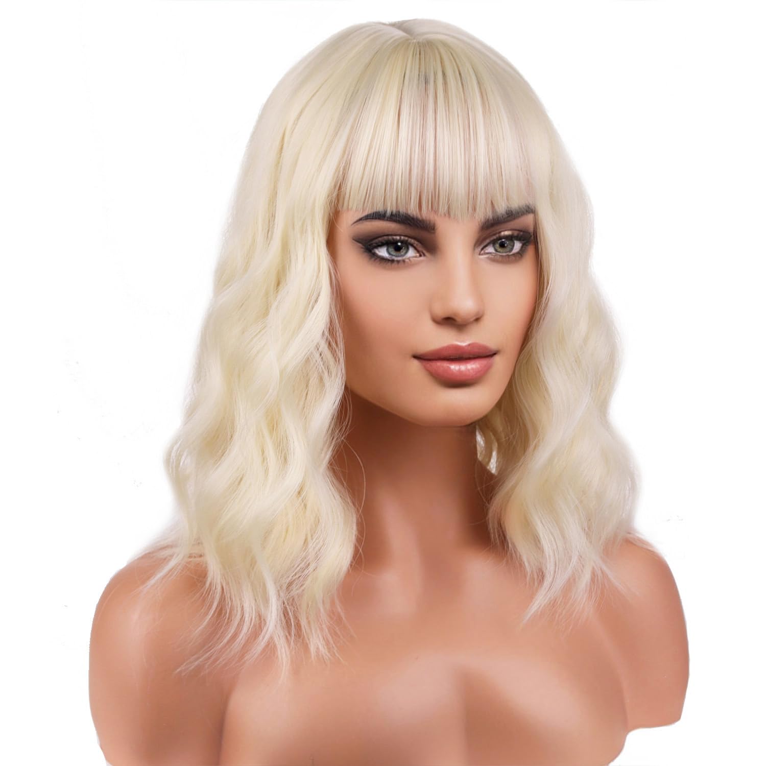 RightOn 14'' Short Curly Women Girl's Charming Synthetic Wig with Air Bangs Wig Cap Included (Light Blonde)