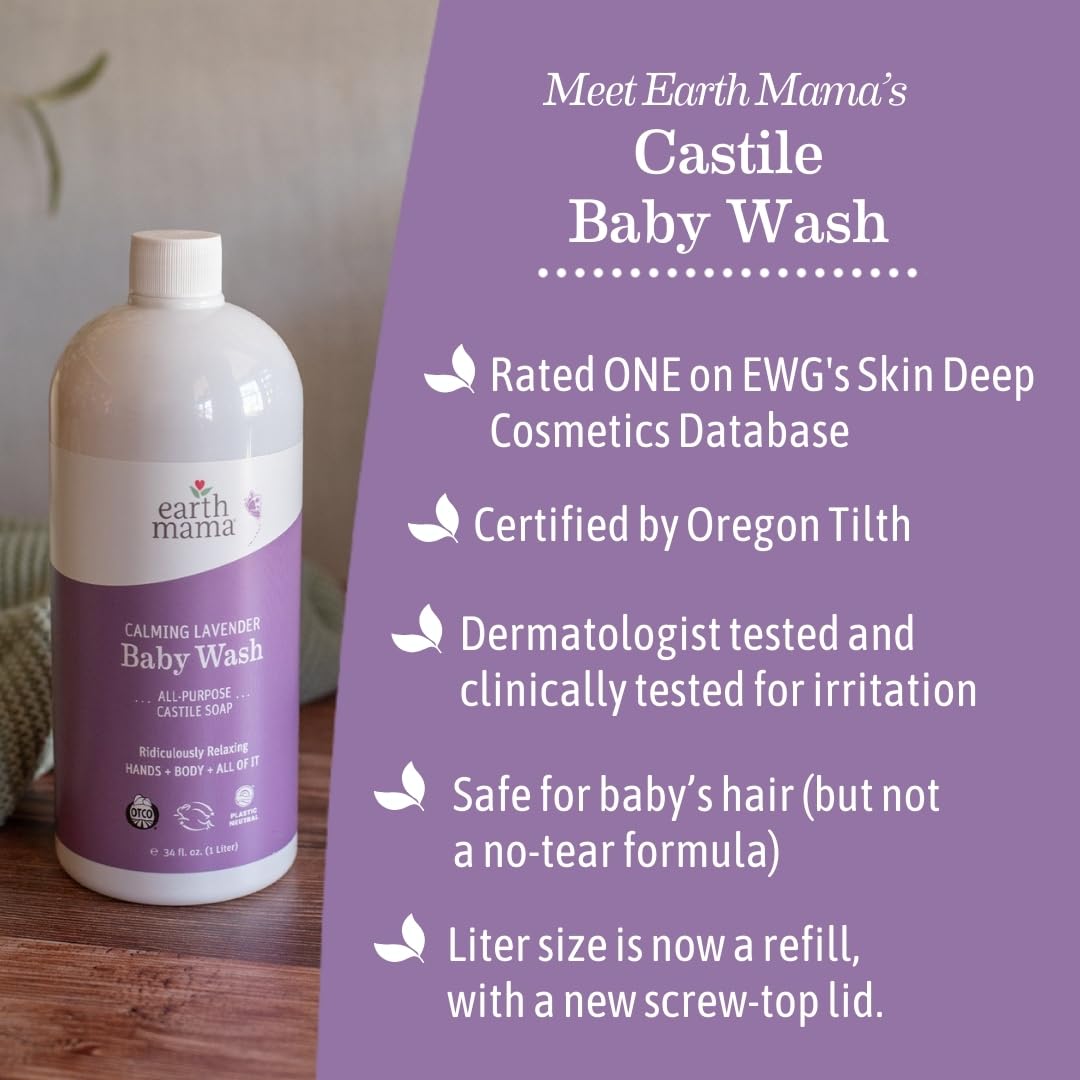 Earth Mama Calming Lavender Baby Wash Liquid Hand Soap Refill, Organic Body Wash for Sensitive Skin, All Purpose Castile Soap Liquid with Coconut Oil, Shea Butter, Calendula & Aloe, 34 fl oz