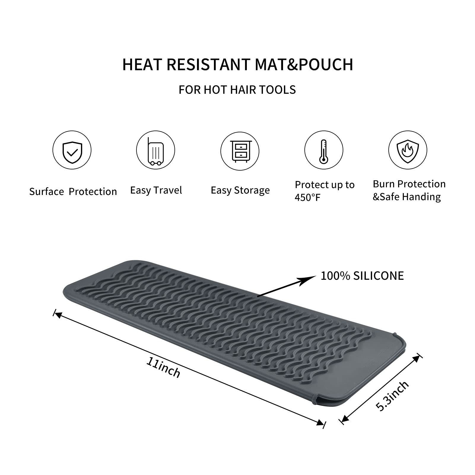 EIOKIT Silicone Heat Resistant Mat for Hair Iron, 11 x 5 inch, Grey, 1 Pack