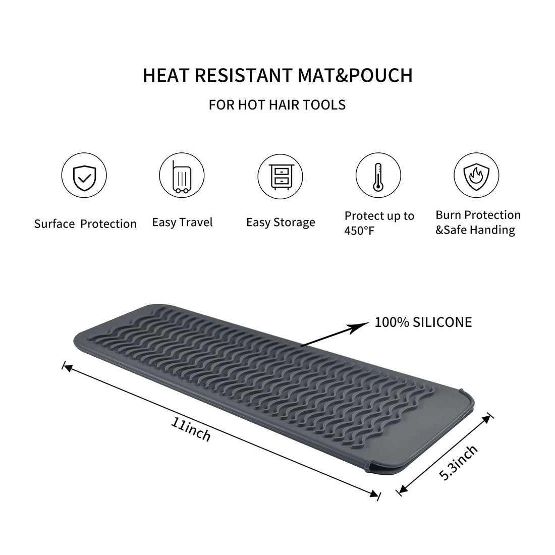 EIOKIT Silicone Heat Resistant Mat for Hair Iron, 11 x 5 inch, Grey, 1 Pack