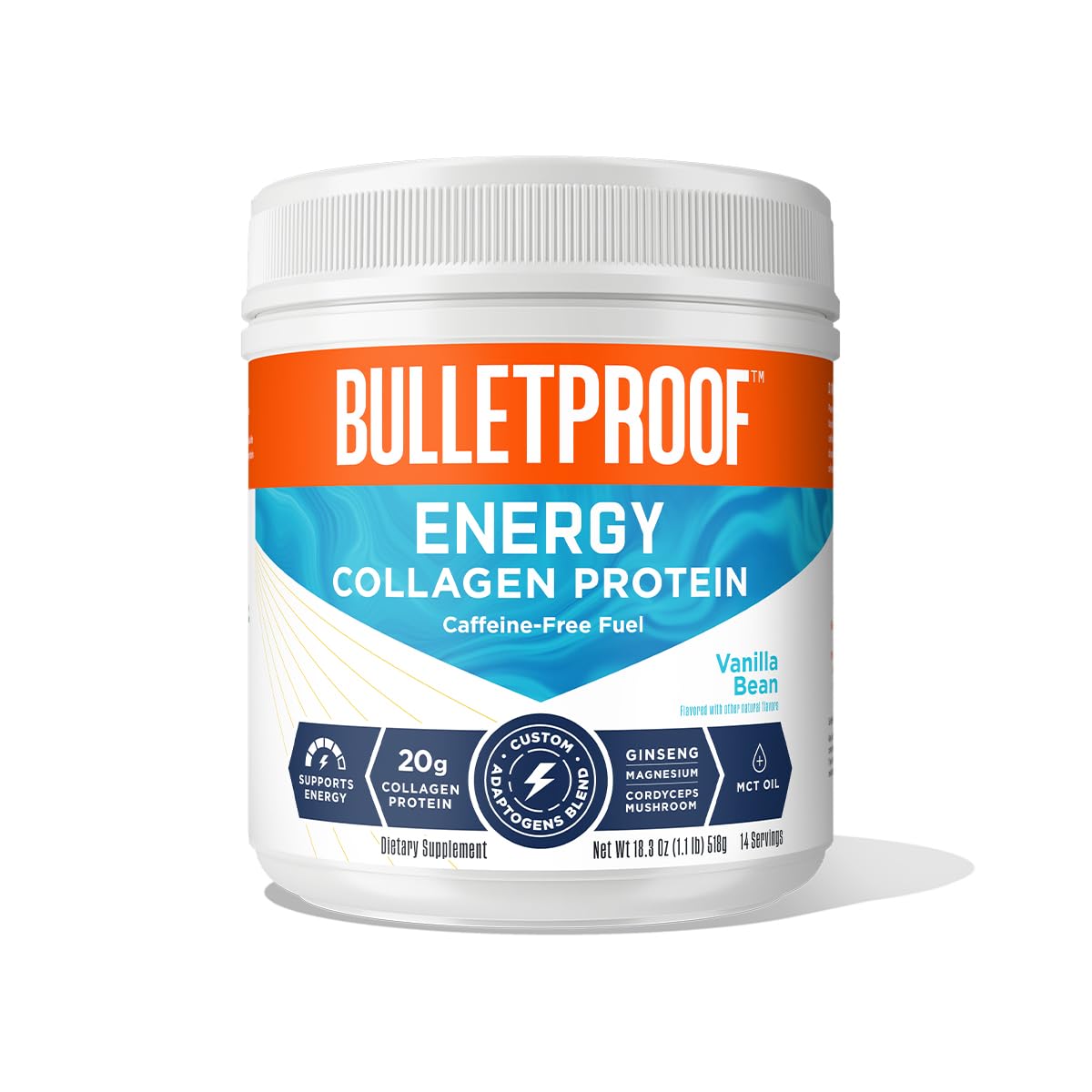Bulletproof Vanilla Bean Energy Collagen Protein Powder, 18.3 Ounces, Caffeine-Free Fuel with Vitamins and Antioxidants