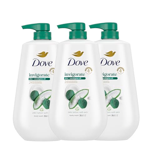 Dove Body Wash with Pump 3 Count Invigorate Aloe & Eucalyptus For 24hr Lotion-Soft Skin Moisturizing Skin Cleanser with No Sulfates No Parabens