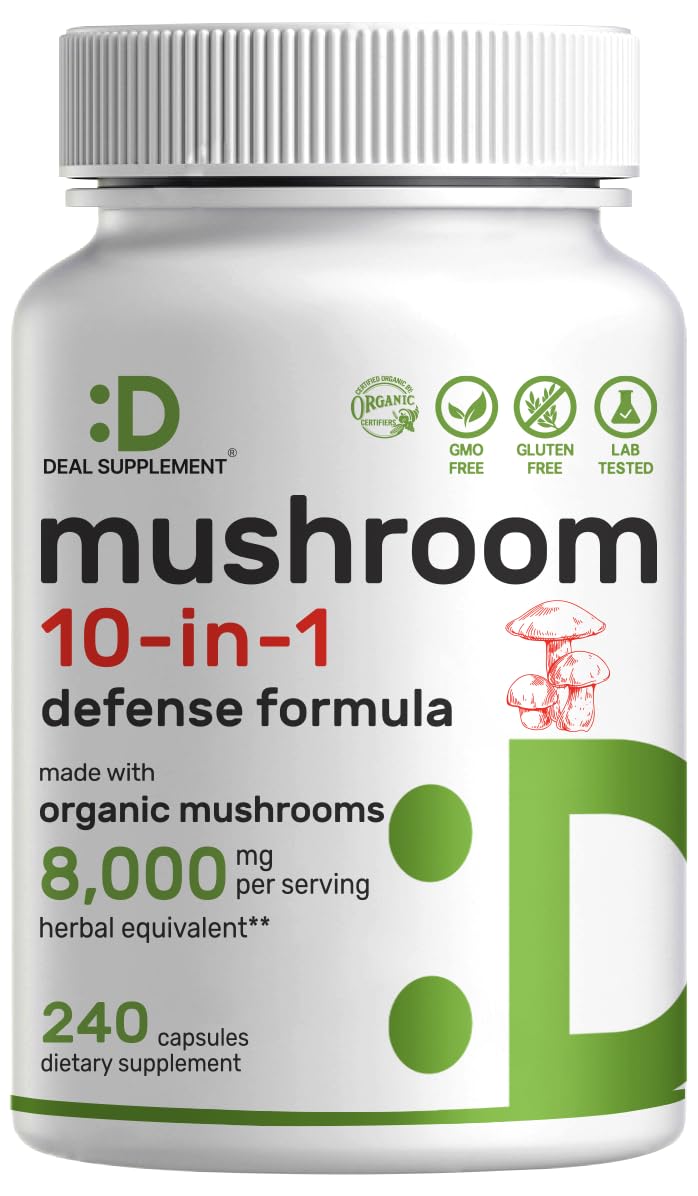 Organic 10-in-1 Mushroom Supplement 8,000mg Per Serving, 240 Capsules – Lions Mane, Turkey Tail, Reishi, Cordyceps & More Mushroom Complex – Immune, Energy & Nootropic Brain Support – Non-GMO