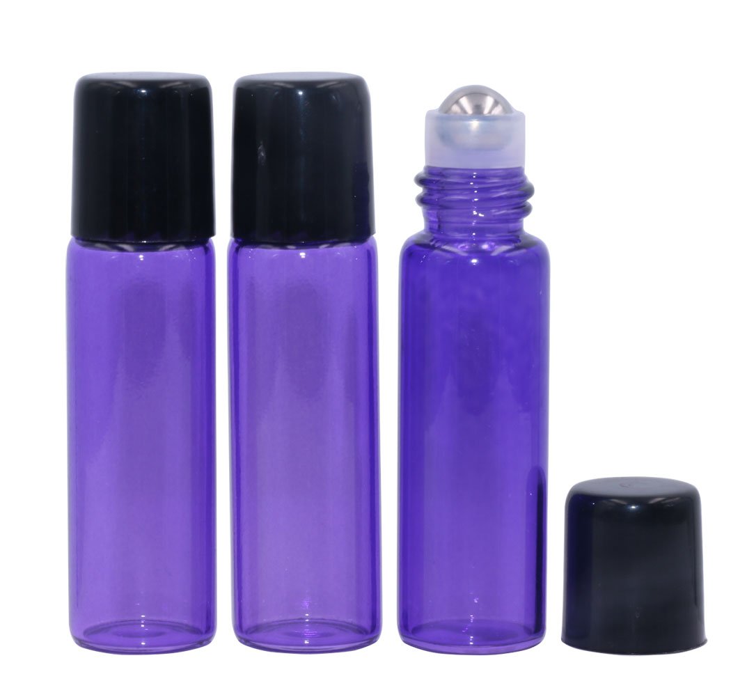 Glass Roller Bottles,5ml(1/6oz) Purple 40 Pack Roll on Glass Bottles for Essential Oils Aromatherapy,Perfume Oils,Lip Balms,DIY Blends creations,with Stainless Steel Roller Ball Black Lid-FREE Dropper