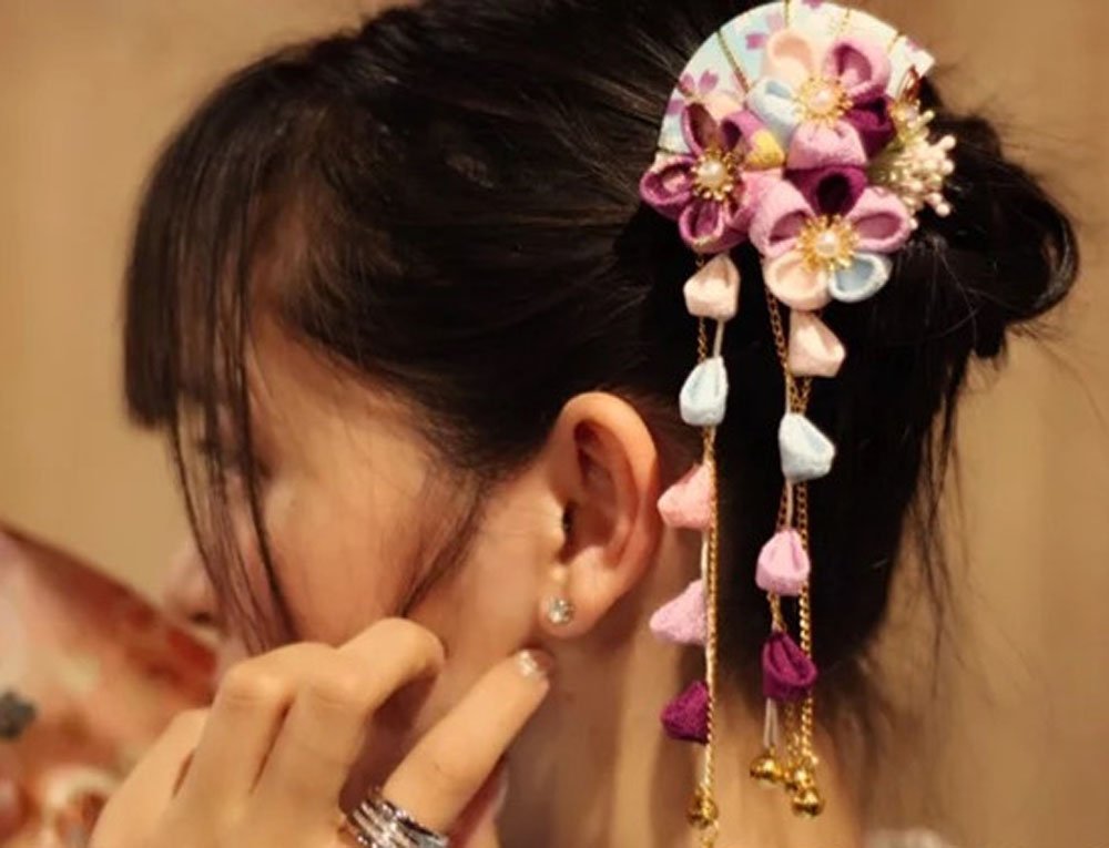 Crb Fashion Womens Girls Japanese Kimono Flower Kanzashi Hair Ornament Tie Band Clip (Blue)