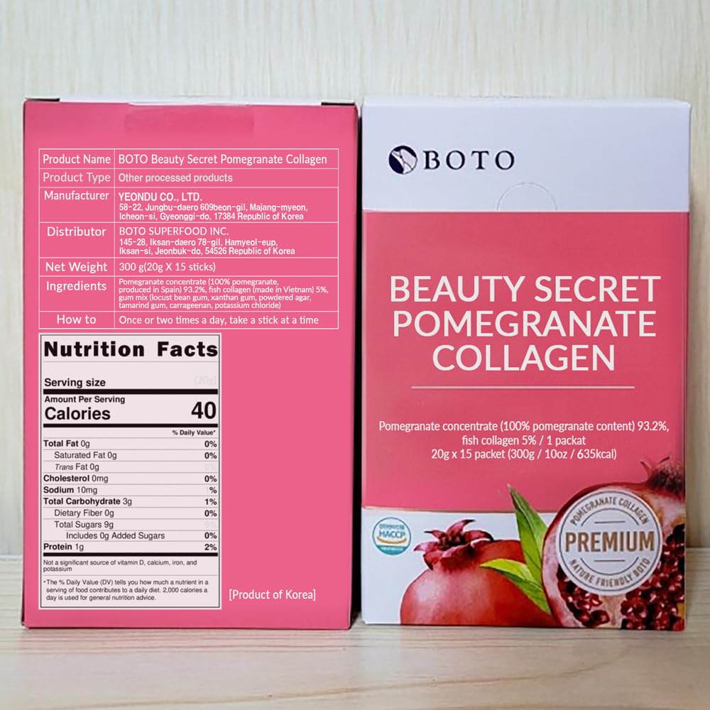 ZIOSTAND BOTO Beauty Secret Pomegranate Collagen 20g - Korean Beauty Collagen Jelly Stick, Low Molecular Fish Collagen, Pomegranate Flavored - Packs of 15