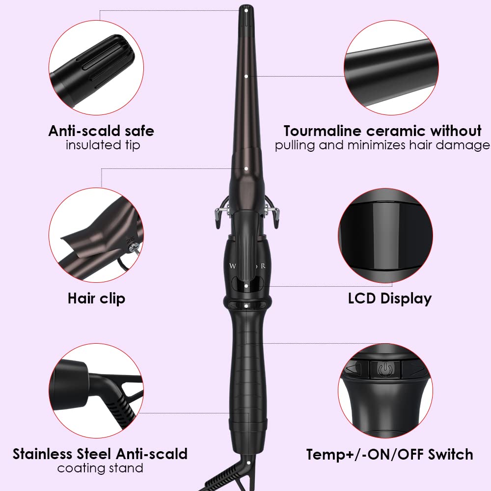 Wazor Hair Curler 1-1/2 Tapered Ceramic Hair Curling Iron Digital Display Screen Curling Wand With Temp Setting and Auto Shut Off