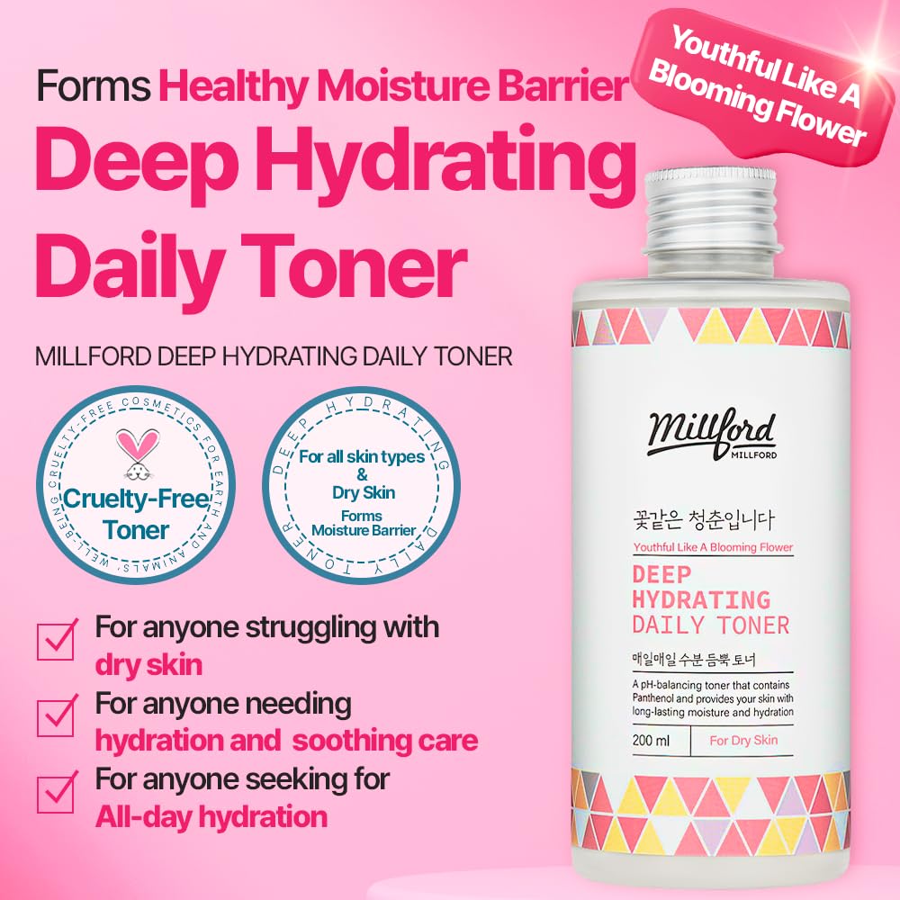 Millford Deep Hydrating Daily Toner 6.76 Oz, 200ml, Moisturizing Toner, Alcohol Free, Fragrance Free, pH Balance, Panthenol, Betaine, Vitamin B5, Korean Skincare