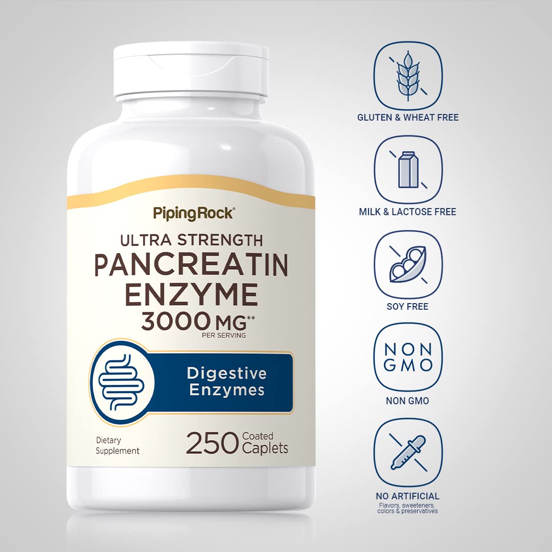 Piping Rock Pancreatin Digestive Enzymes | 3000mg | 250 Caplets | Ultra Strength | Non-GMO, Gluten Free Supplement