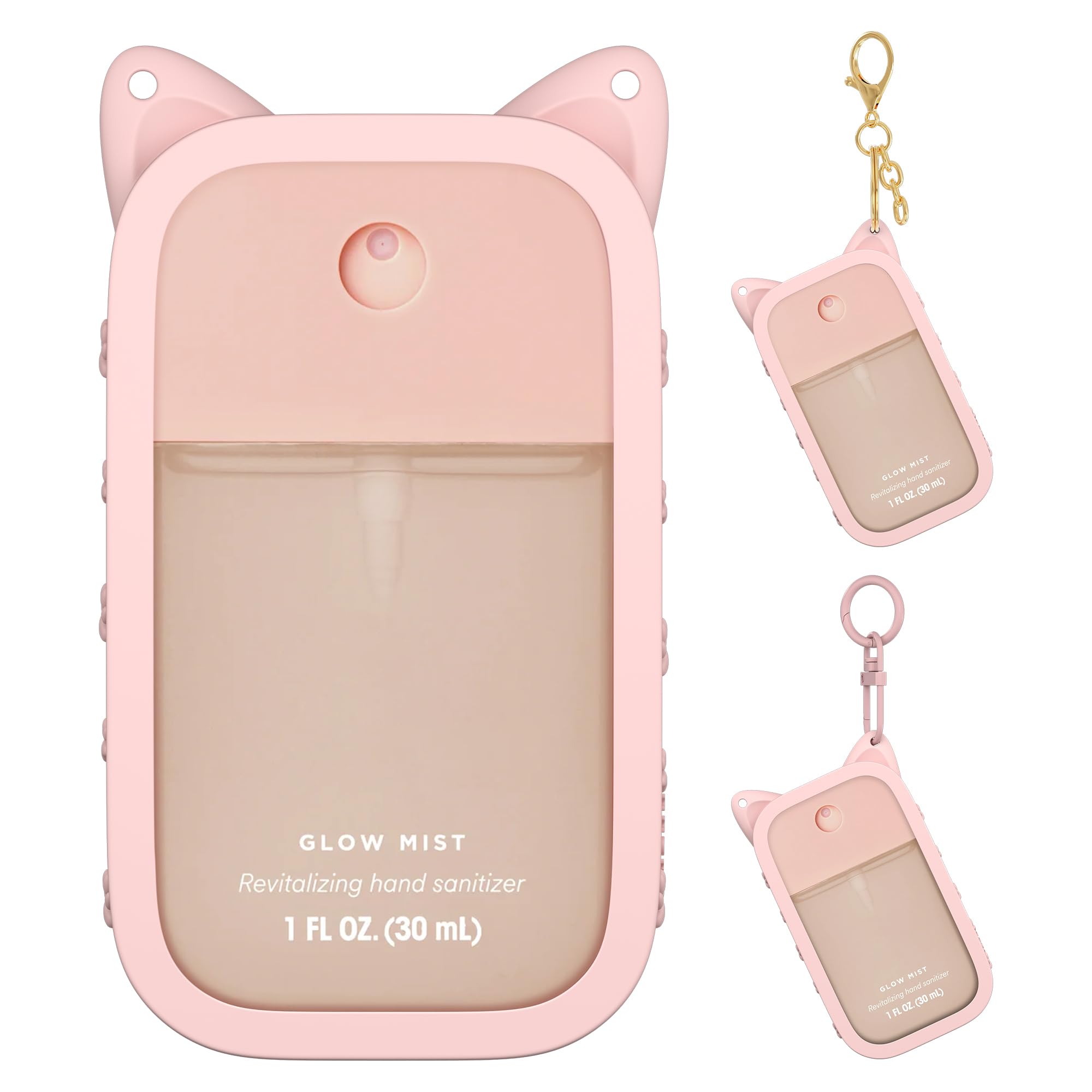 1 Pack Silicone Case Compatible with Touchland Hand Sanitizer Spray (Fit for 1 FL OZ/30 mL Ver), Portable keychain Cute Color Ears (Pink)