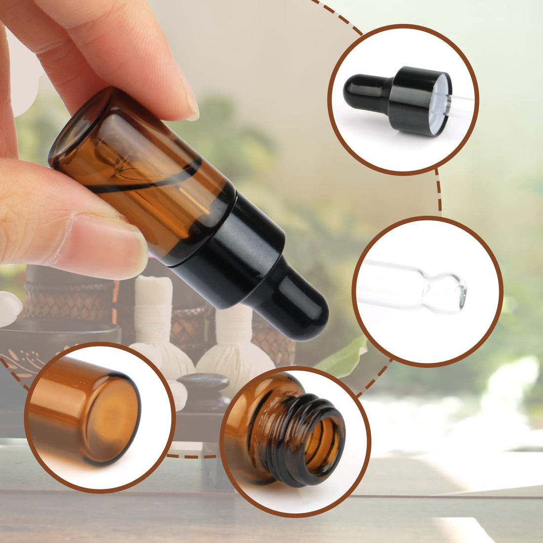 Pack of 100,3ml Amber Glass Dropper Bottle,Empty Sample Vial Glass Eye Dropper Aromatherapy Liquid Perfume Essential Oil Bottles with Glass pipette&Black Aluminum caps-Pipette&Funnel included