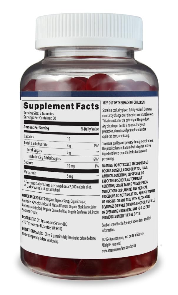 Amazon Basics Melatonin 5mg, 120 Gummies (2 per Serving), Strawberry (Previously Solimo)