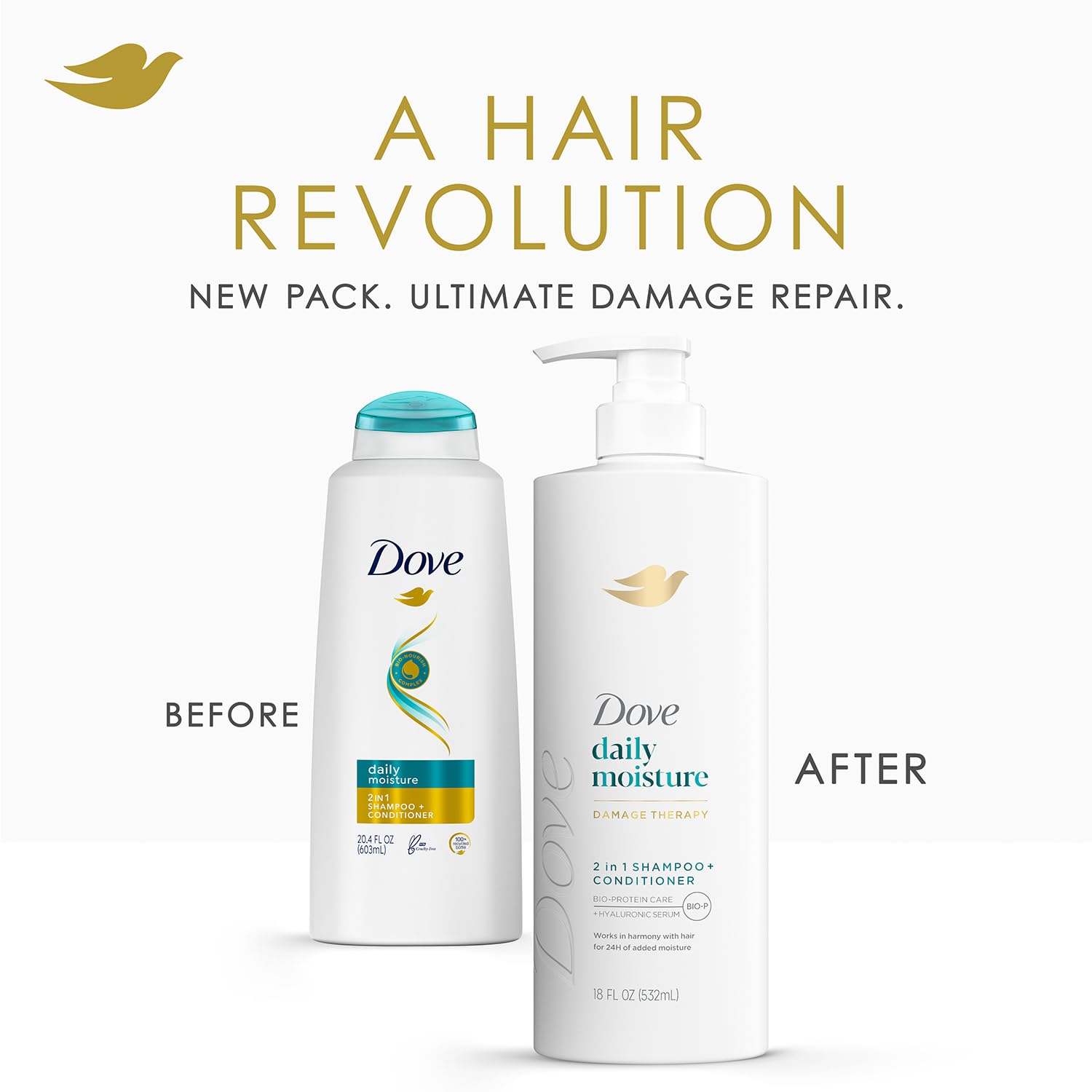 Dove Shampoo & Conditioner 2-in-1 + Dove Beauty Bar Soap 8-Pack – Deep Hydration for Revitalizing Dry Hair and Skin (9-Piece Set)