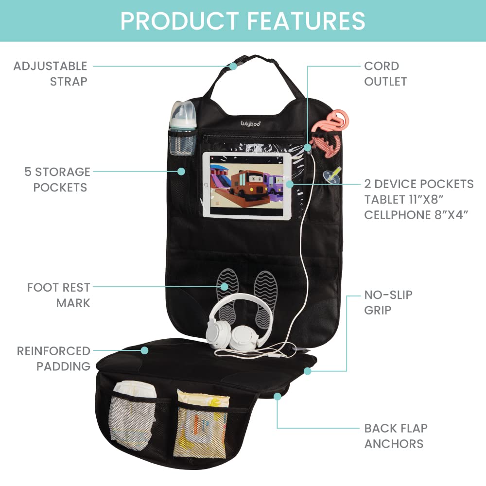 Lulyboo Car Seat Protection for Baby Carseat - Car Seat Organizer Back Seat - Behind Backseat Car Organizer for Kids Stuff, Toys, Tablet, Storage - Front & Rear Facing Kick Mat Seat Protector Black