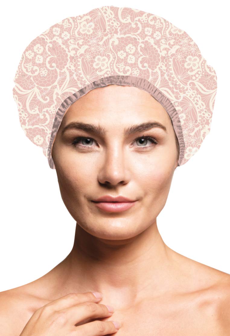 Betty Dain Socialite Collection Terry Lined Shower Cap, Waterproof Nylon Exterior, Reversible Design for Shower or Sleeping Cap, Oversized for All Hair Lengths, Elasticized Hem, Pretty In Pink Lace