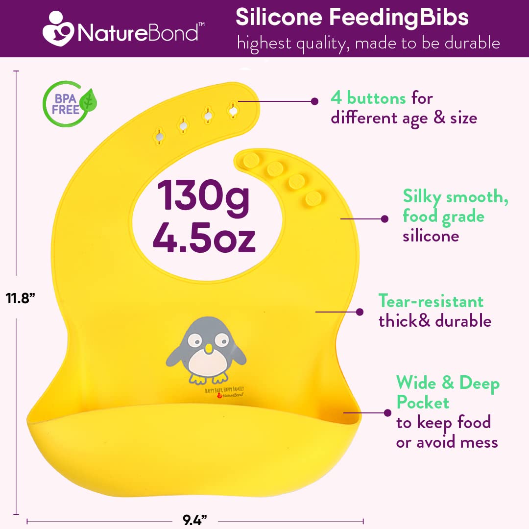 NatureBond Waterproof Baby Bibs, Silicone Weaning Bibs for Babies & Toddlers, Set of 2 w/Carry Pouch | Comfortable Soft 4 buttons Bib