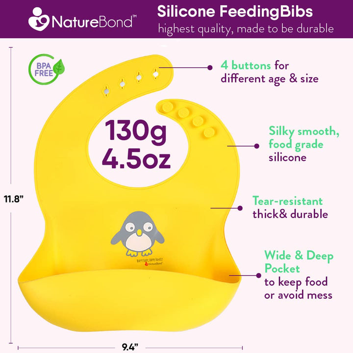 NatureBond Waterproof Baby Bibs, Silicone Weaning Bibs for Babies & Toddlers, Set of 2 w/Carry Pouch | Comfortable Soft 4 buttons Bib