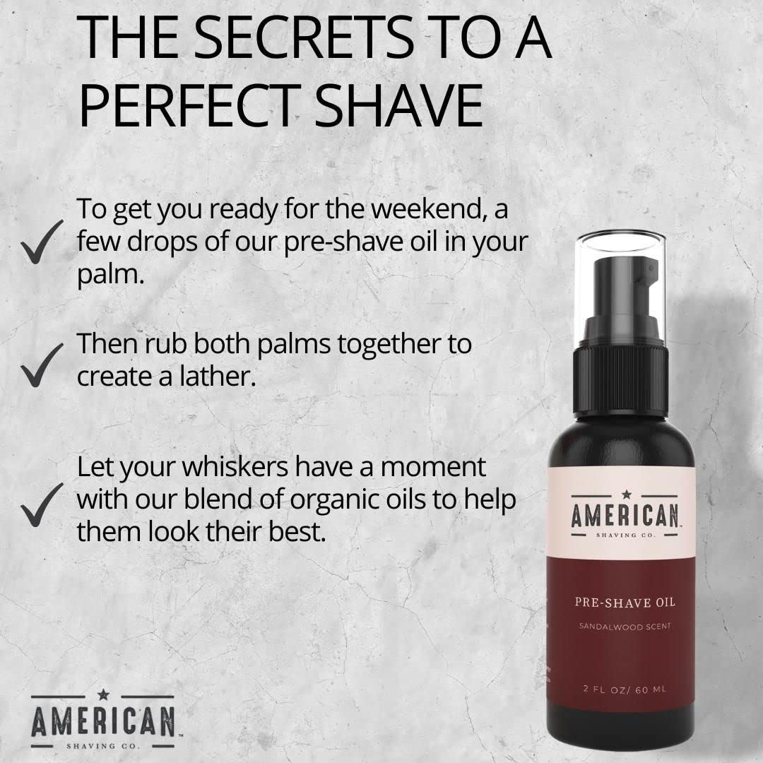 Pre-Shave Oil (Sandalwood Scent) for Effortless, Smooth & Irritation-free Shave, Natural Handcrafted Blend Argan & Jojoba Oil, Protects Razor Burn, Premium Pre-Shave Oil by American Shaving Co - 2 Oz