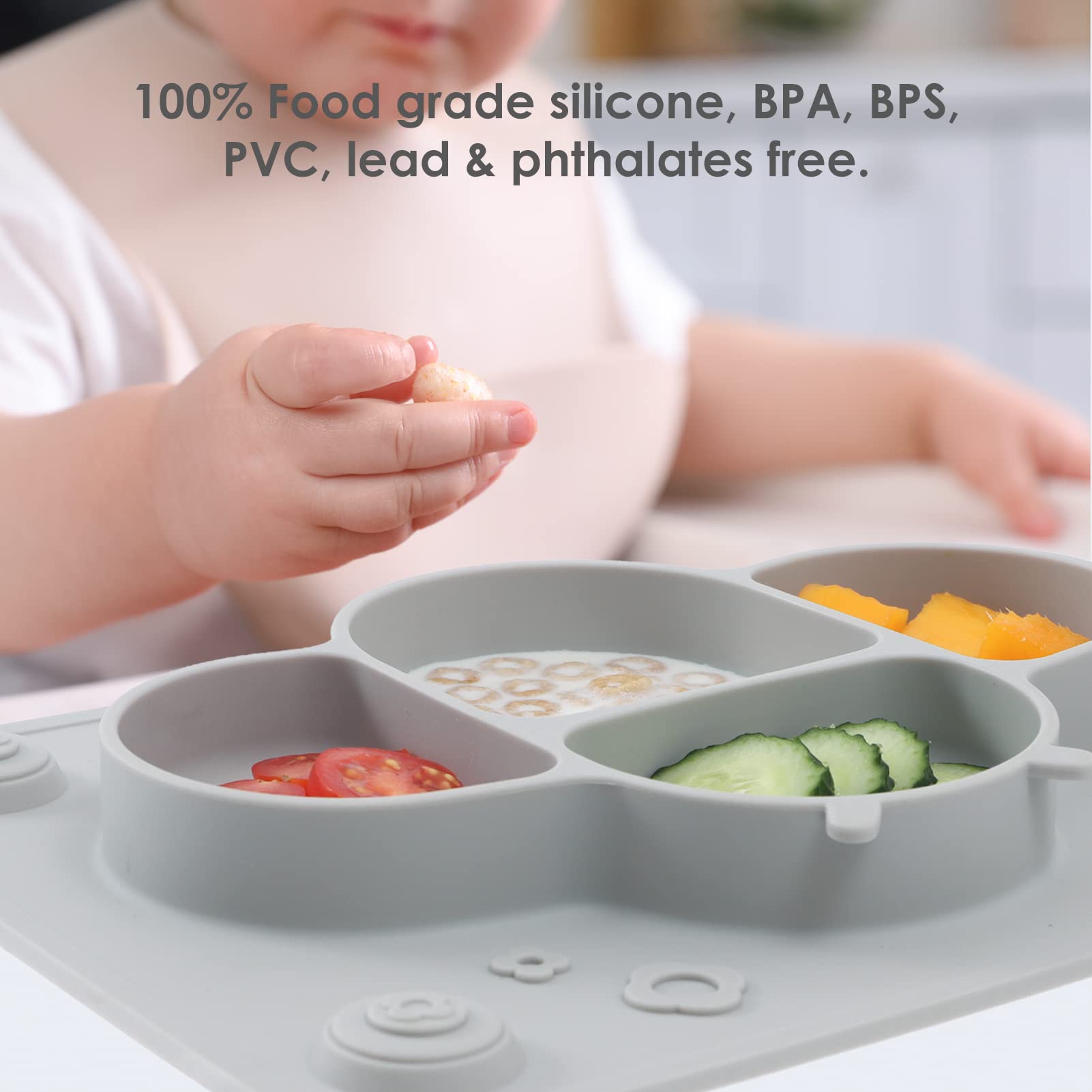 ROCCED Suction Plates for Baby Placemat Spoon Fork Set for Toddlers, Silicone Baby Plates with Suction Baby Dishes for Kids Plates-grey