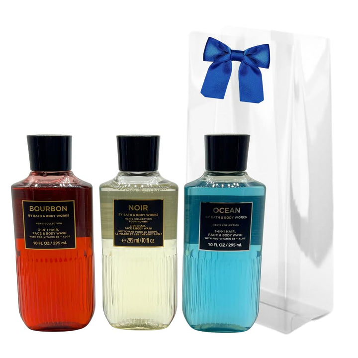 Bath & Body Works BOURBON, NOIR, OCEAN Men's Collection 3-in-1 Hair, Face & Body Wash 3-piece Gift Set with a Blue Bow for Holidays - 10 fl oz each