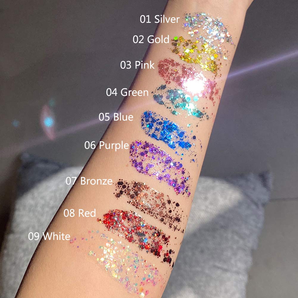 GL-Turelifes Mermaid Sequins Chunky Glitter Liquid Eyeshadow Glitter Body Gel Festival Glitter Cosmetic Face Hair Nails Makeup Long Lasting Sparkling 30g (#09 White)