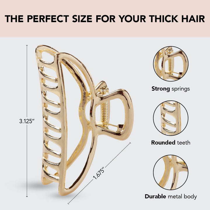 Kitsch Metal Claw Hair Clip Large Hair Accessory for Women, 3 Inches Wide (Open Shape Claw Clip, Gold)