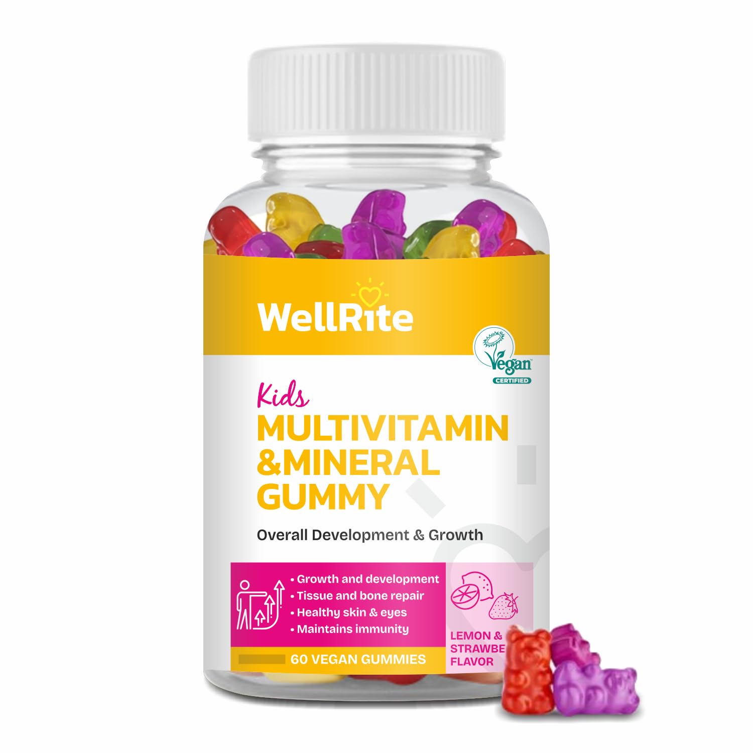 Wellrite Kids Multivitamin & Mineral Gummy Vitamins which Provide Overall Development & Growth, 60 Count, Lemon & Strawberry Flavored, Vegan, Gelatin Free, Gluten Free, Nut Free