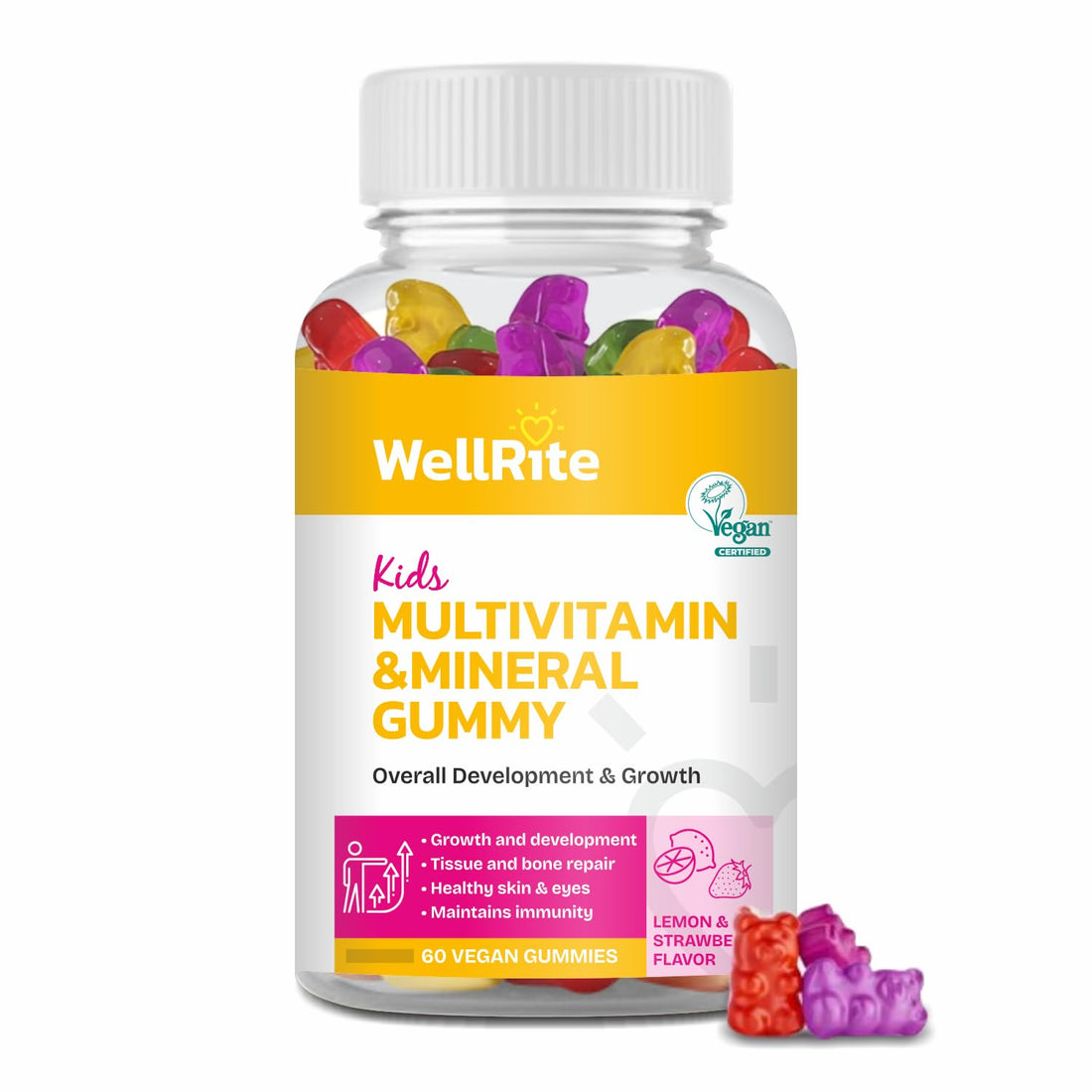 Wellrite Kids Multivitamin & Mineral Gummy Vitamins which Provide Overall Development & Growth, 60 Count, Lemon & Strawberry Flavored, Vegan, Gelatin Free, Gluten Free, Nut Free
