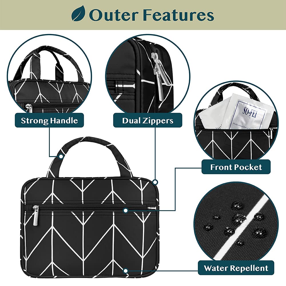 PAVILIA Hanging Toiletry Bag Travel Bag Women Men, Foldable Cosmetic Organizer, Roll up Makeup Bag, Water Resistant Accessories Toiletries, Large Travel Essentials Kit (Black Chevron)