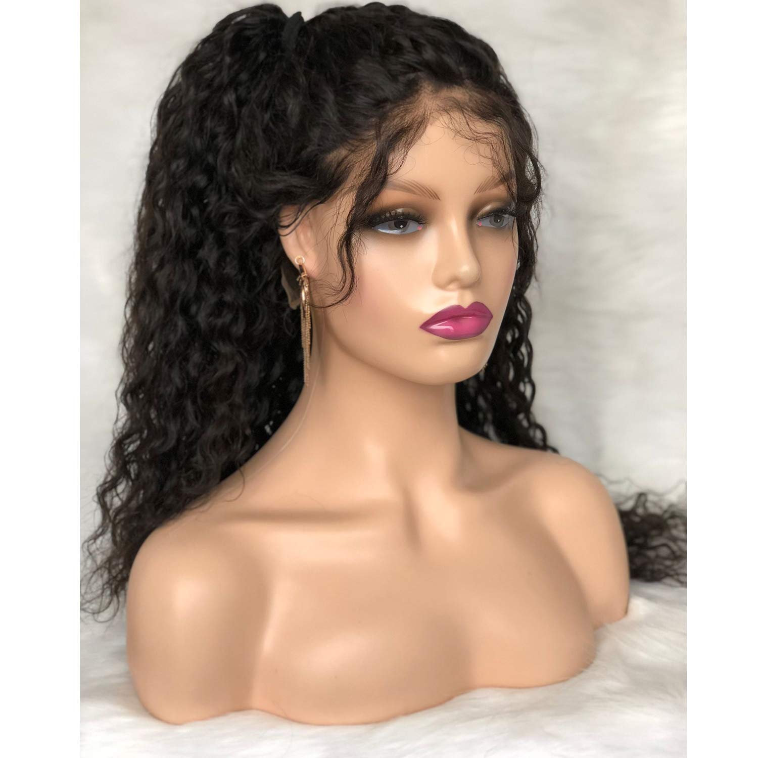 Voloria Realistic Female Mannequin Head with Shoulder Manikin PVC Head Bust Wig Head Stand with Makeup for Wigs Display Necklace Earrings Beige