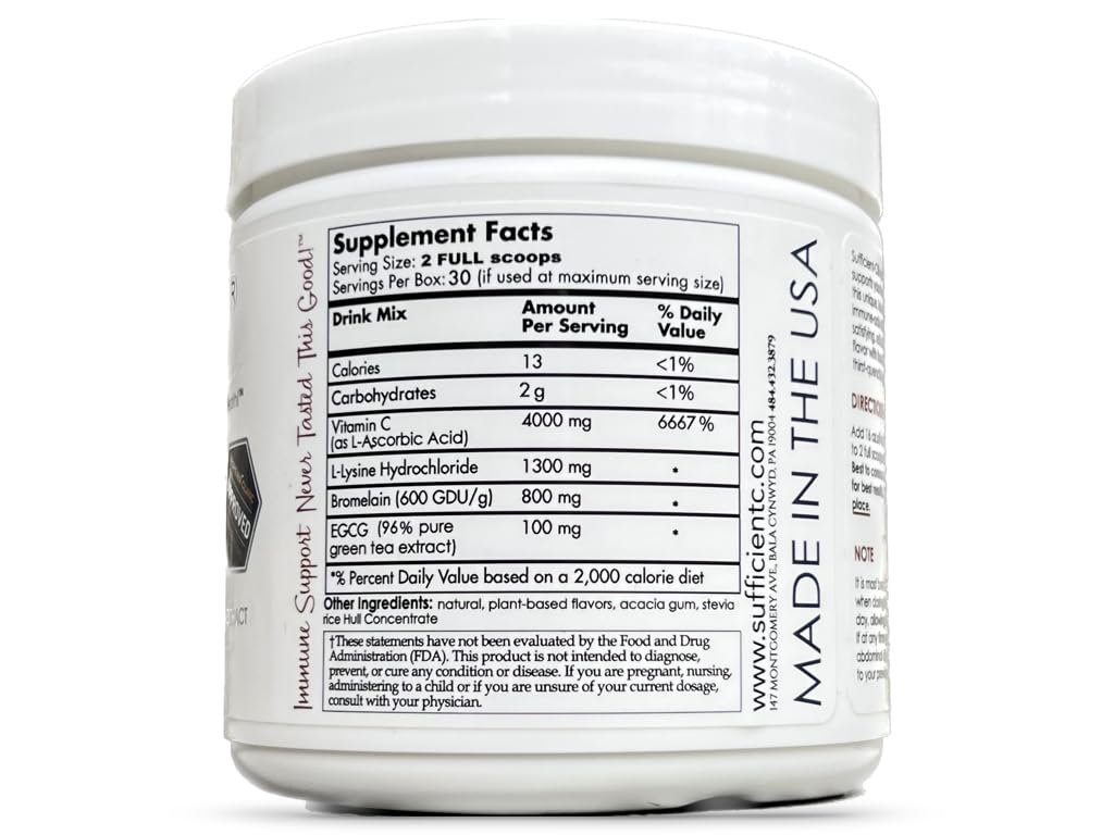 Sufficient-C High-Dosed 4000 mg. Vitamin C Lemon Peach Immune-Ade Drink Mix 250 gram Size - Refreshing with Generously Dosed L-lysine, Bromelain & 96% Pure, Caffeine-Free Green Tea Extract