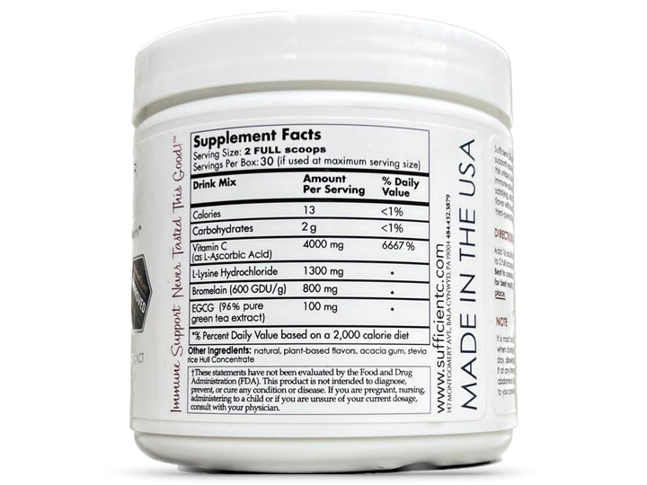 Sufficient-C High-Dosed 4000 mg. Vitamin C Lemon Peach Immune-Ade Drink Mix 250 gram Size - Refreshing with Generously Dosed L-lysine, Bromelain & 96% Pure, Caffeine-Free Green Tea Extract
