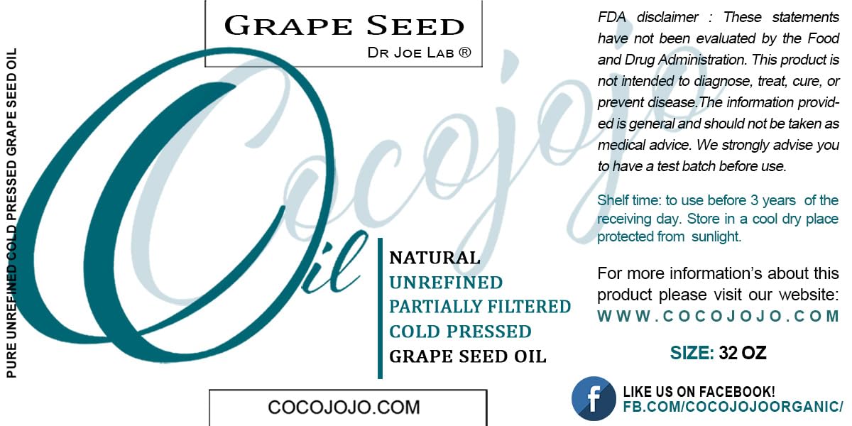 Grapeseed Oil - Organic Pure Natural Cold Pressed 32 oz Hair Face Skin Massage Moisturizing Premium Quality