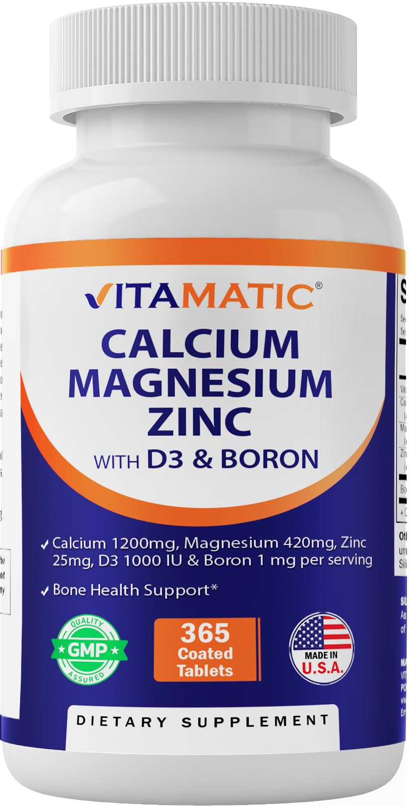 Vitamatic Calcium Magnesium Zinc D3 Boron | 365 Coated Tablets Supplement | Calcium 1200 mg, Magnesium 420mg, Zinc 25mg, Vitamin D3 1000 IU, Boron 1 mg | Non-GMO | Gluten Free | Made in USA