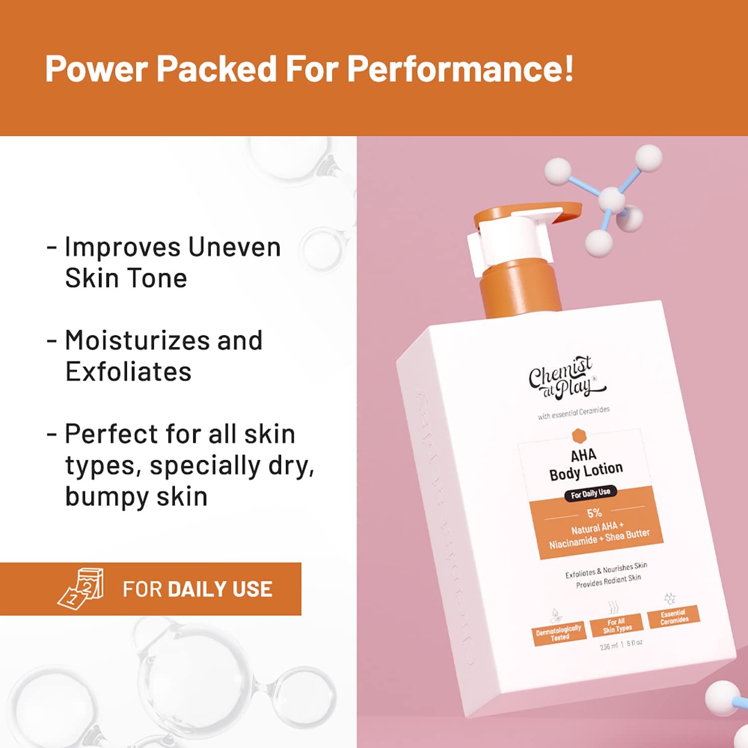 Chemist at Play AHA Body Lotion with 5% Natural AHA, Niacinamide, Shea Butter | For Exfoliating Dry & Dead Skin Cells, Deep Nourishment & Radiant Skin | Skin Brightening Lotion | 236ml