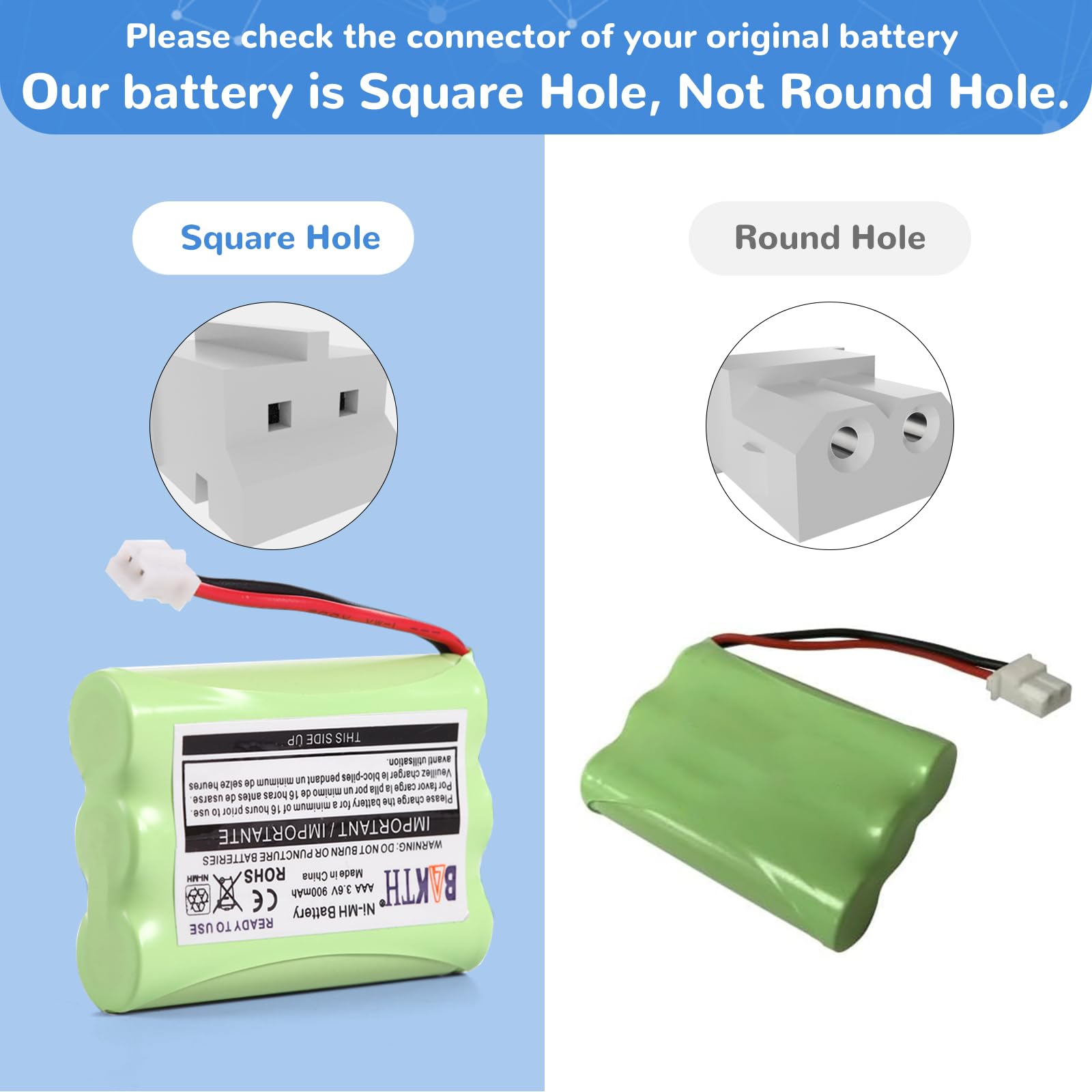 BAKTH 900mAh 3.6V Ni-MH Square-Hole Plug Battery for Motorola MBP33 MBP33S MBP33PU MBP35 MBP36 MBP36S MBP36PU MBP41 MBP43 Baby Monitor (Don't fit MBP33S MBP36 MBP36S with Round Hole Plug)