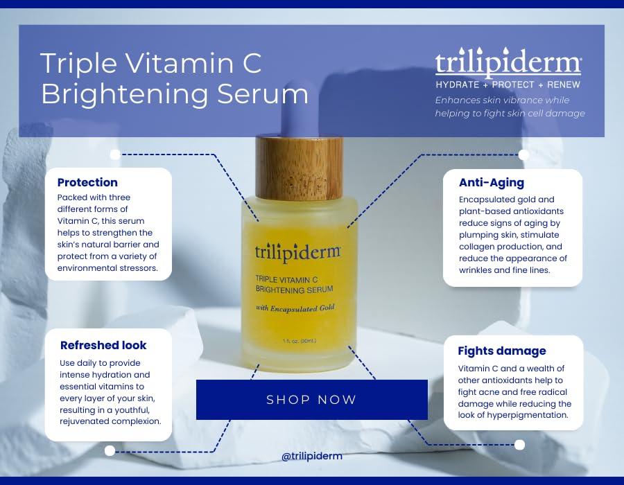 Trilipiderm Triple Vitamin C Serum W/Hyaluronic Acid & Encapsulating Gold, Skin Firming Moisturizer for Anti Aging Skincare Routine, Minimizes Fine Lines, Boost Collagen & Evens Skin Tone