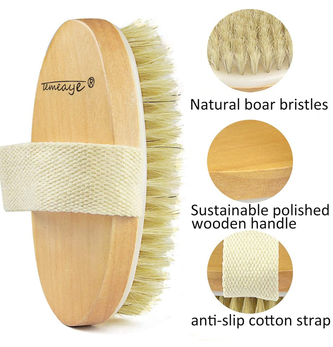 TEMEAYE Dry Brushing Body Brush, Body Skin Exfoliator Scrubber, for Skin Dry Brushing Massage, Lymphatic Drainage & Blood Circulation Improvement, Medium Strength (Boar Bristle and Wooden Handle)