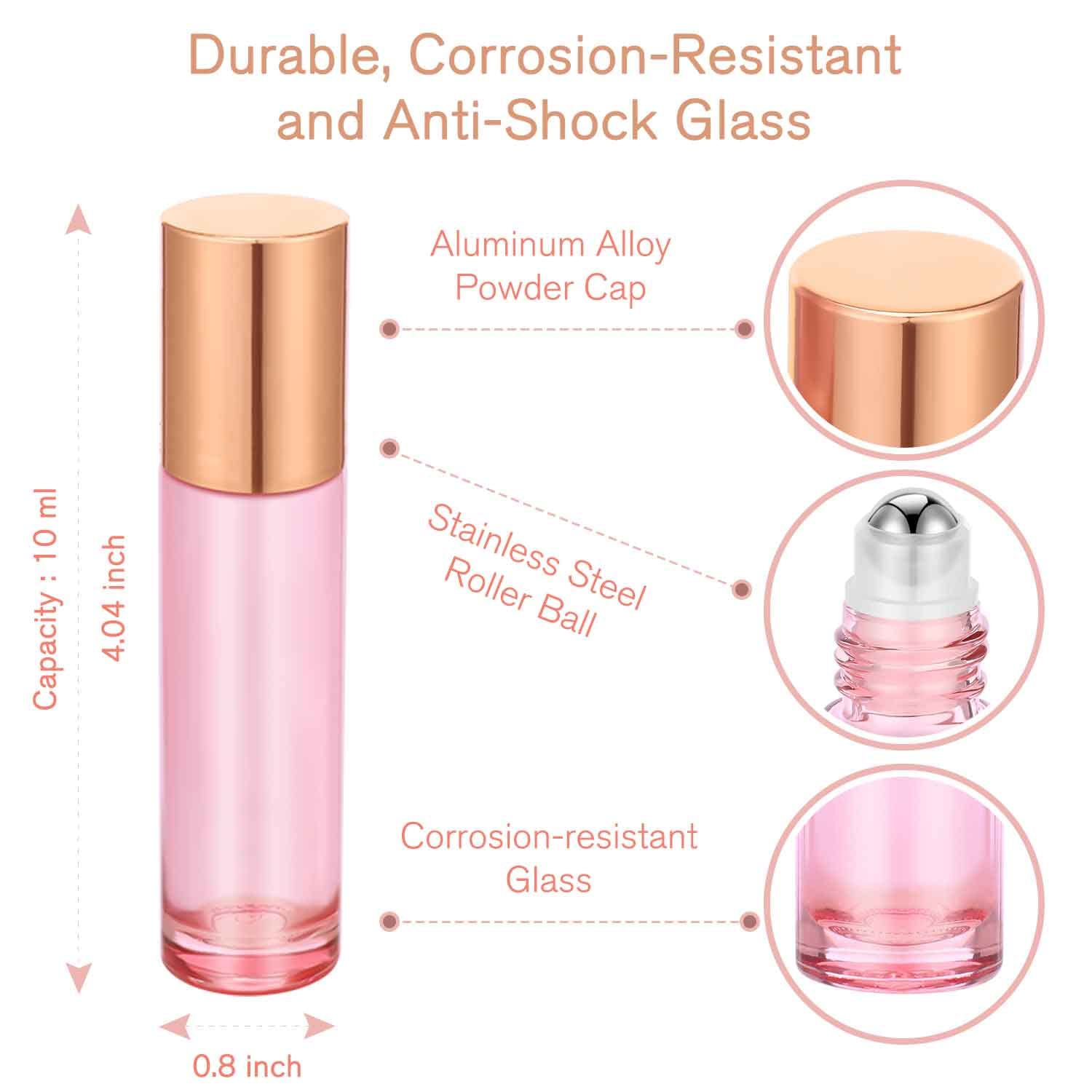 PrettyCare 12 Pack, 10 ml Essential Oil Roller Bottles with Stainless Steel Roller Ball - Refillable Leak-proof Empty Thick Pink Glass Roll on Bottles with Metal Caps for Travel, Perfume