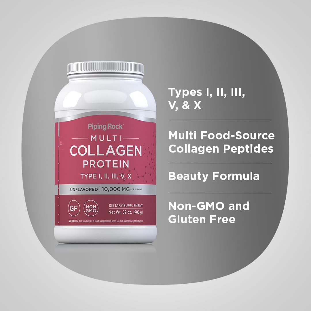 Piping Rock Multi Collagen Protein Powder | 32oz | Supplement for Women and Men | Types I, II, III, V, X | Unflavored | Non-GMO, Gluten Free